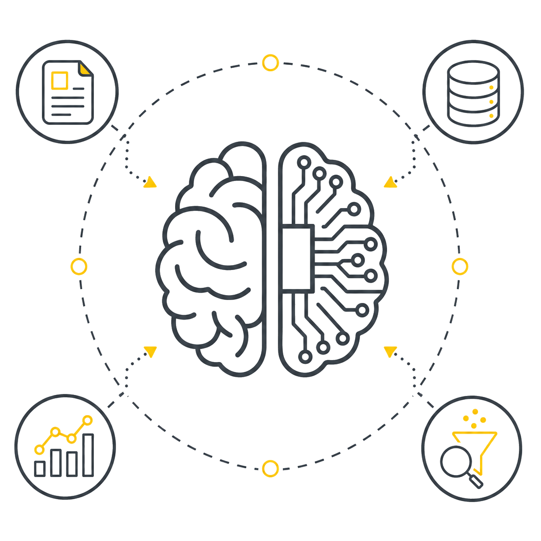 Cerebro rodeado de fuentes de datos: base de conocimiento